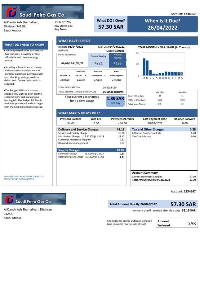 Saudi Arabia Saudi Petro Gas utility bill, Word and PDF template